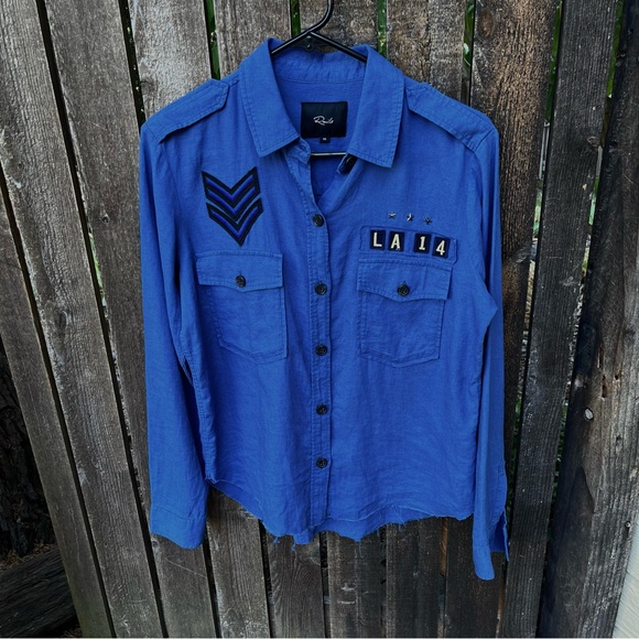 Rails Banks Military Patch Raw Edge Linen Blend Button Down Indigo Shirt Sz XS - Picture 10 of 16